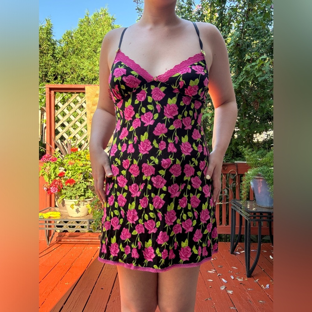 Betsey Johnson Black and Pink Floral Chemise